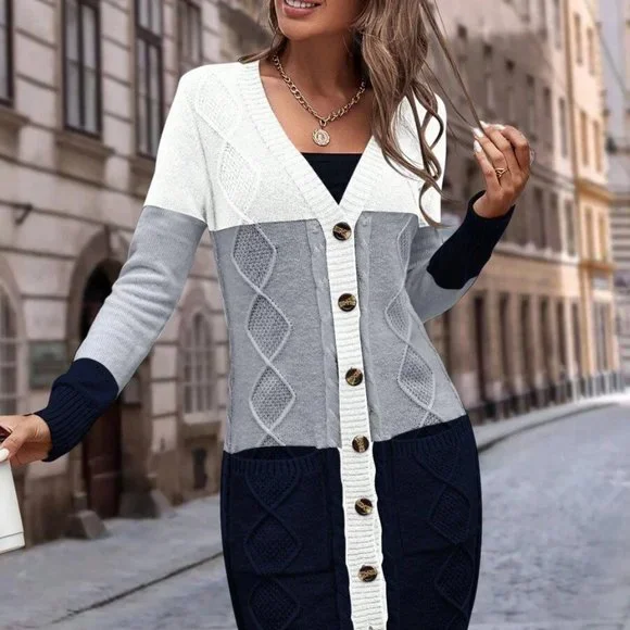 Color Block Dual Pocket Button Front Cardigan - Picture 3 of 6